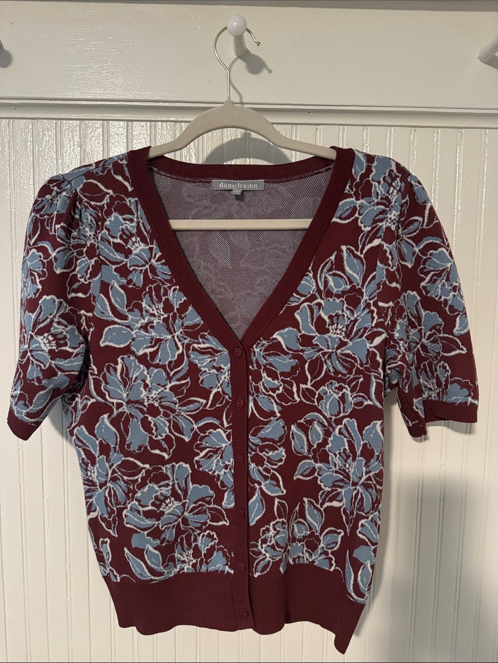 Daniel Rainn Burgundy and Light Blue Floral Short-Sleeve Cardigan
